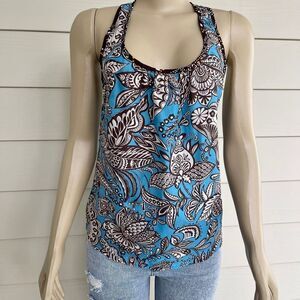 Trina Turk Sleeveless Silk Top Blouse Women’s Small Blue Retro Colorful Tropical